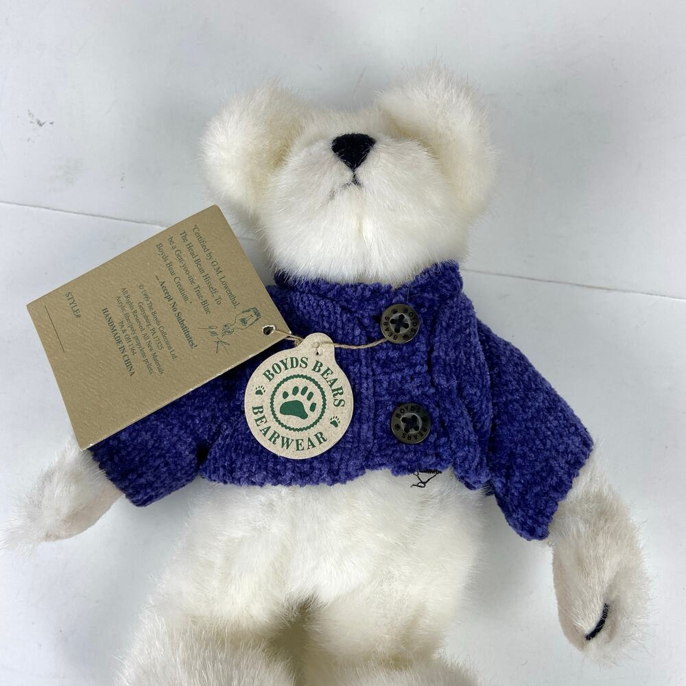 Boyds Collection 1999 20th Anniversary White Bear Plush Toy Blue Sweater 8" - Picture 6 of 12